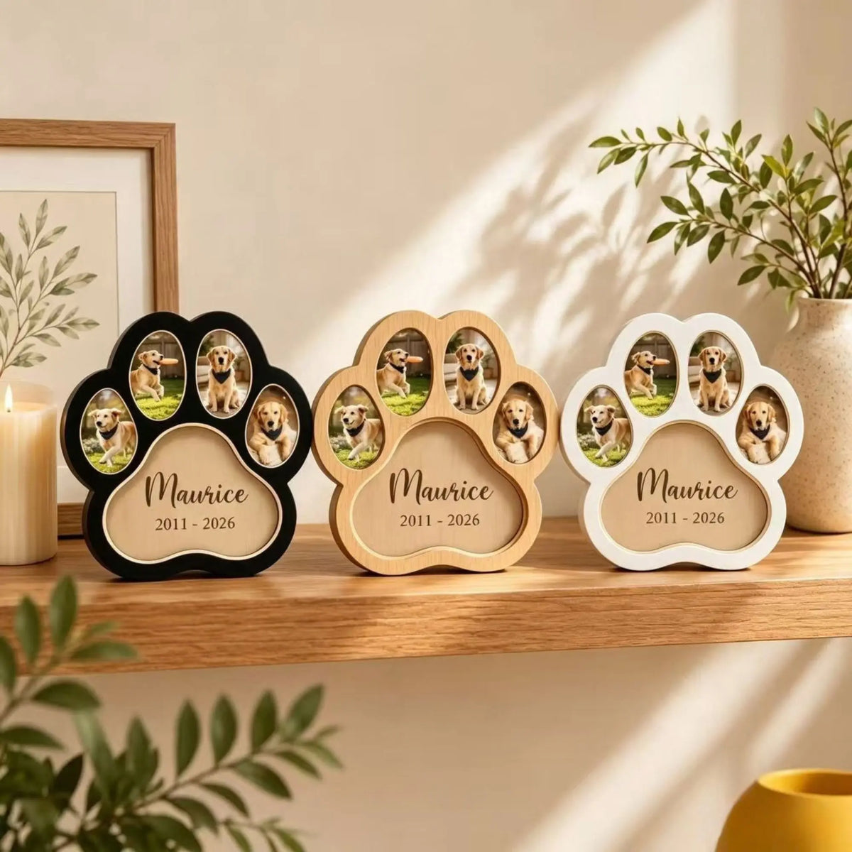 Personalized paw print pet photo frame displayed as a keepsake in the home
