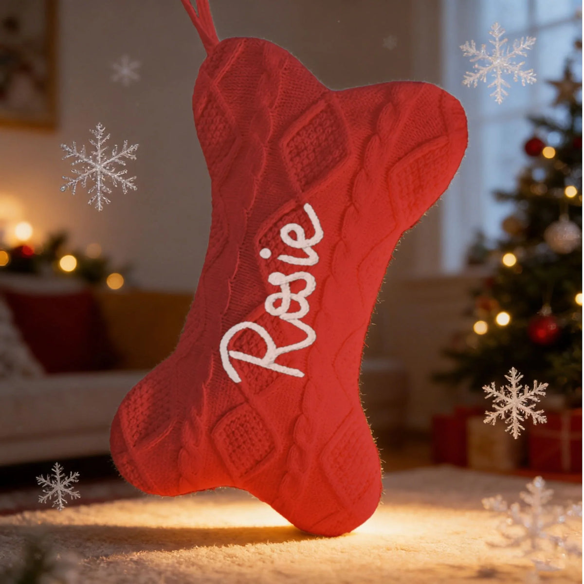 Red personalized dog Christmas stocking with embroidered pet name and cable-knit texture