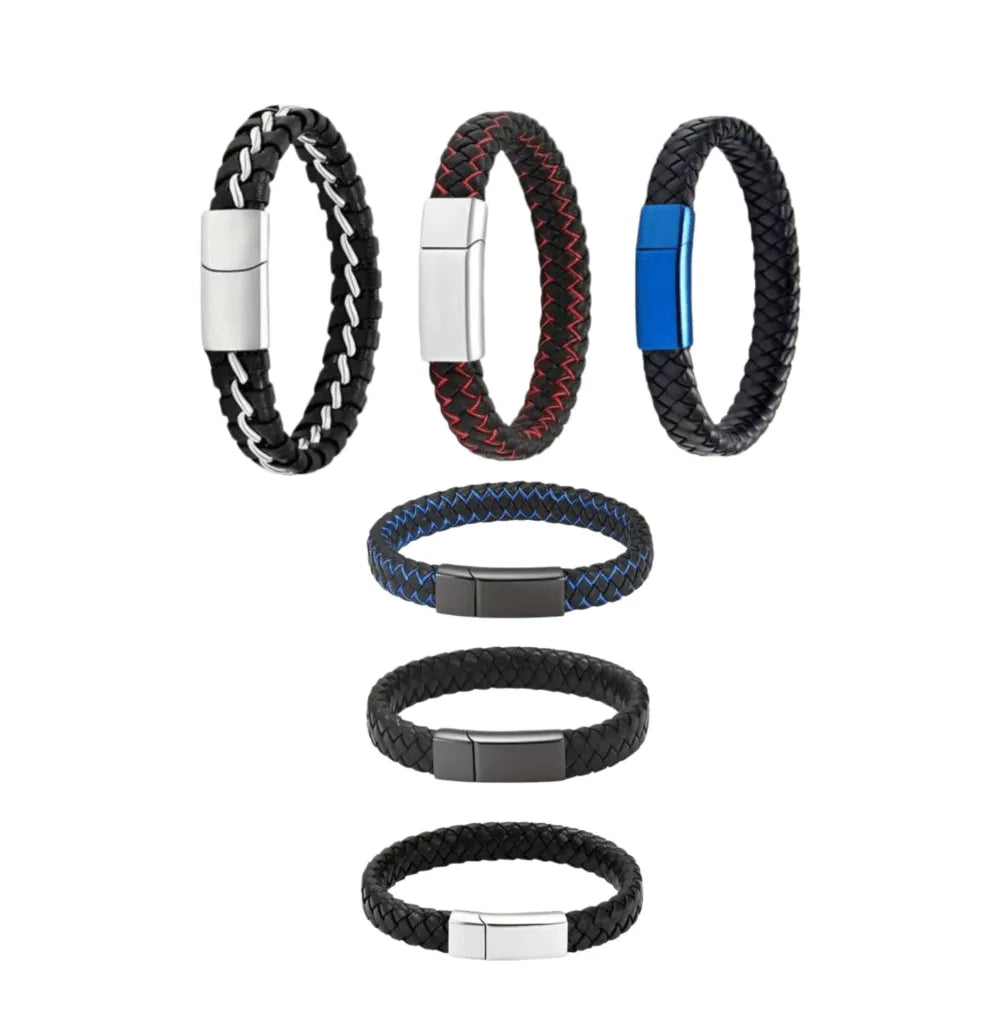 A collection of braided genuine leather pet cremation jewelry for men, showing six different masculine colors and stainless steel magnetic clasps.