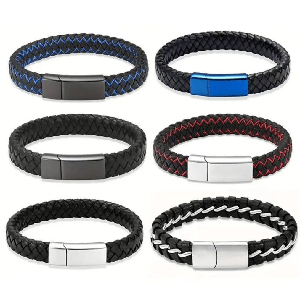 A collection of braided genuine leather pet cremation jewelry for men, showing six different masculine colors and stainless steel magnetic clasps.