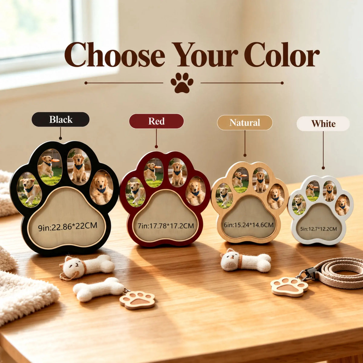 Paw print pet keepsake frames displayed in four available colors