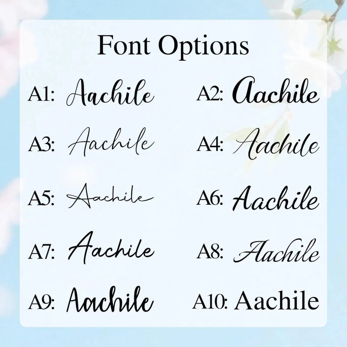 Available lettering styles for customizing a pet name on a keepsake frame