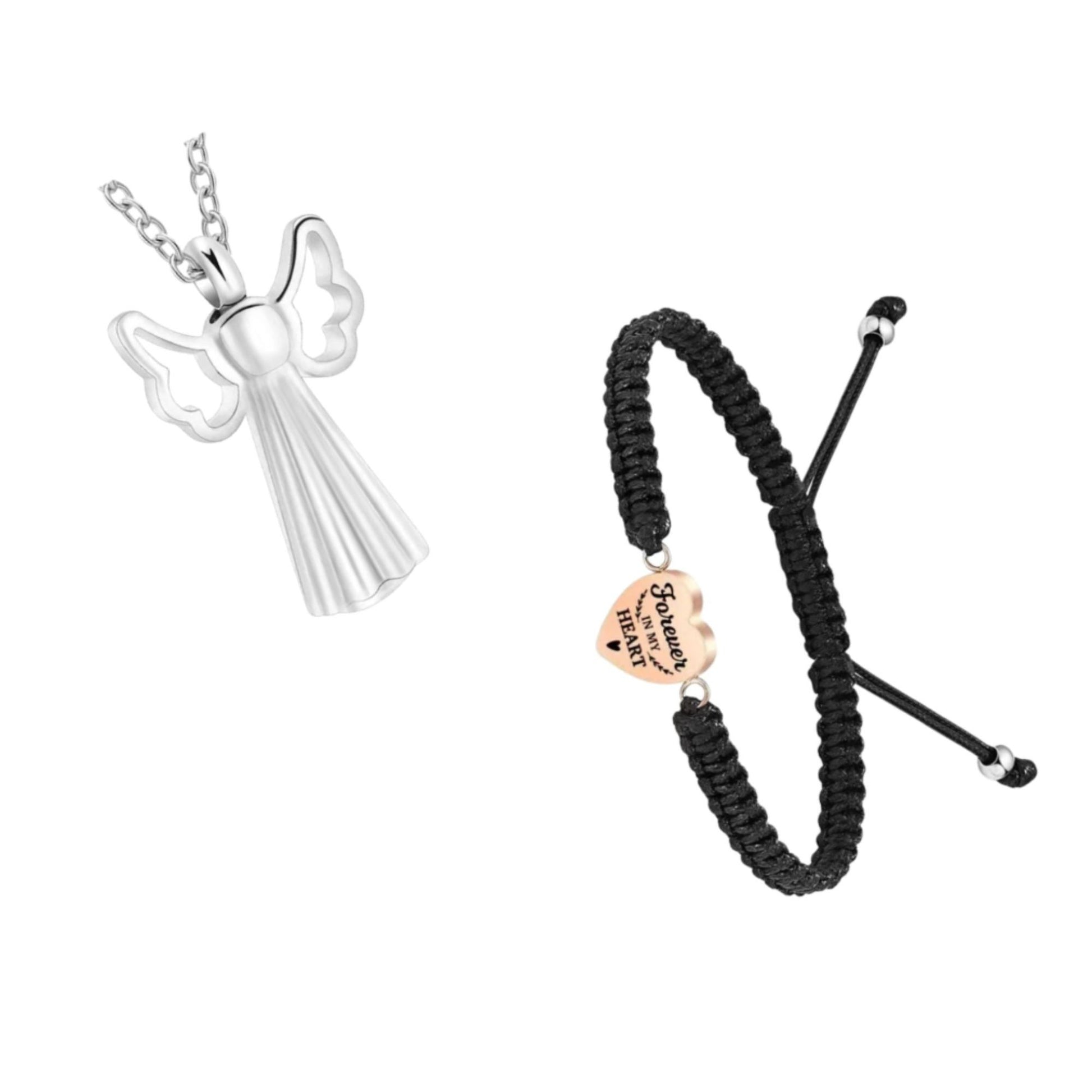 Pet memorial angel pendant and black cord bracelet set