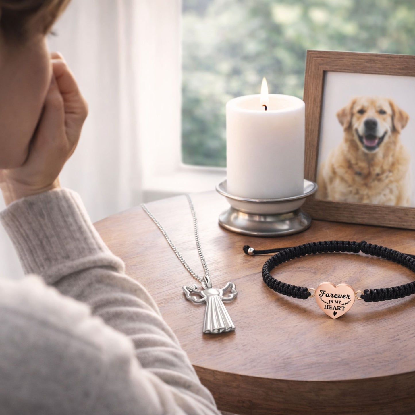 Candle and framed pet photo with angel pendant and heart charm bracelet memorial set