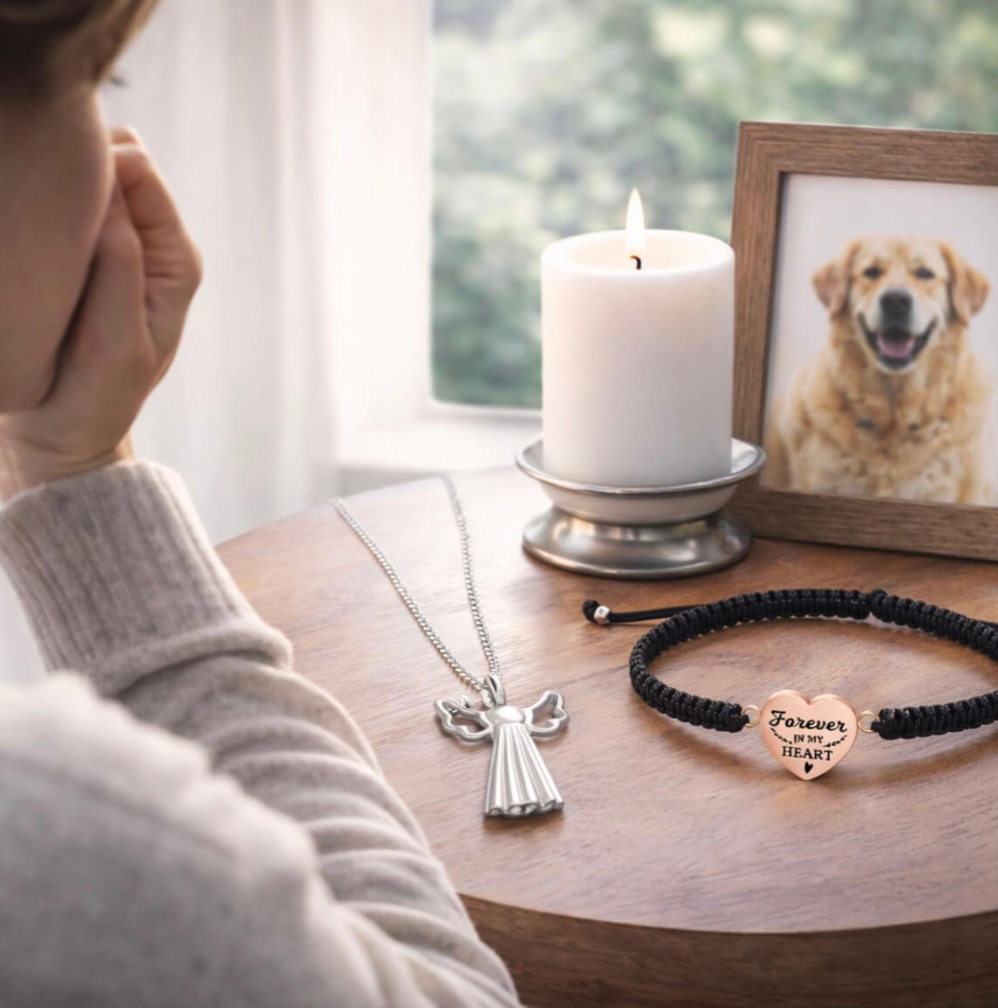Candle and framed pet photo with angel pendant and heart charm bracelet memorial set