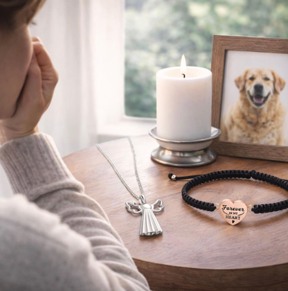 Candle and framed pet photo with angel pendant and heart charm bracelet memorial set