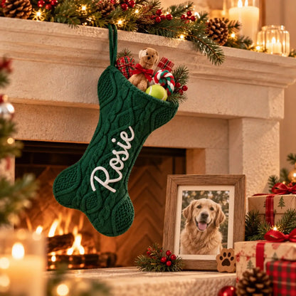 Personalized dog Christmas stocking displayed beside a pet photo as a Christmas remembrance keepsake