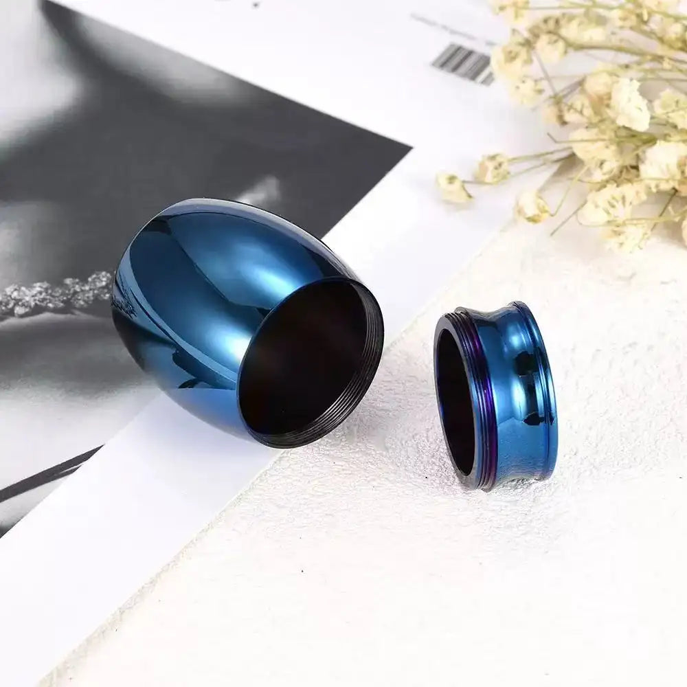 Threaded lid and wide open interior structure of a premium pet memorial urn.