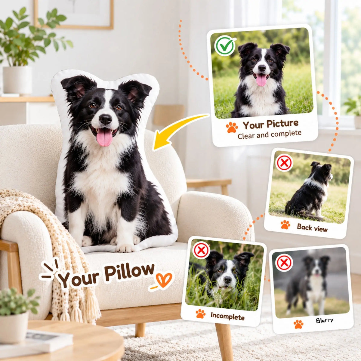 Photo guide for a custom pet pillow showing clear full pet photos and unsuitable images