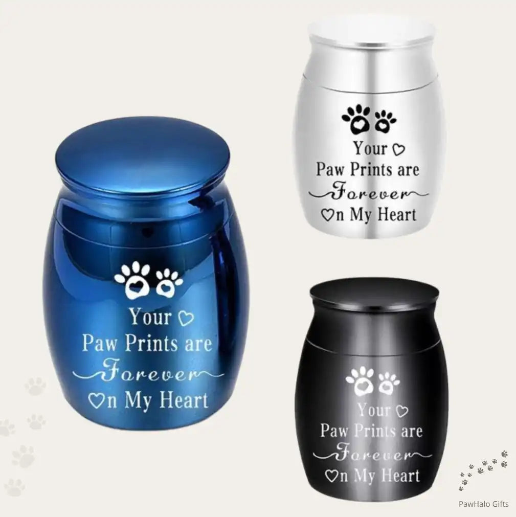 Paw Prints “Forever On My Heart” mini pet keepsake urn shown