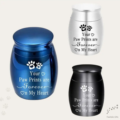 Paw Prints “Forever On My Heart” mini pet keepsake urn shown