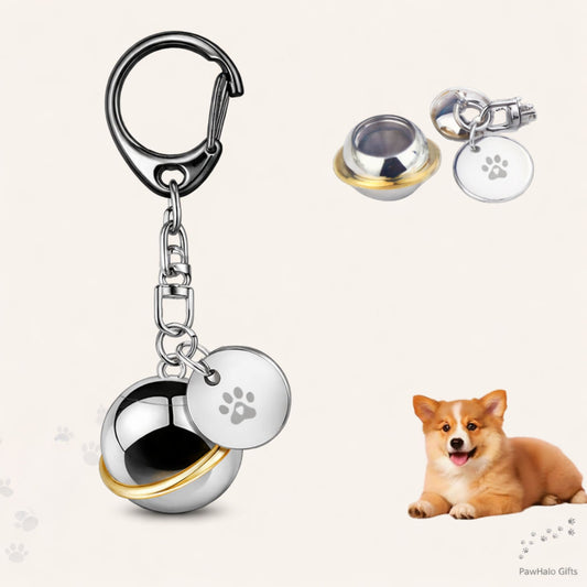 Stainless steel round planet pet urn keychain with paw charm, silver and gold accent