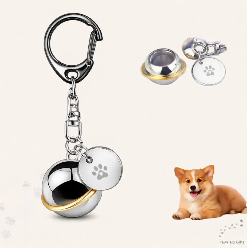 Stainless steel round planet pet urn keychain with paw charm, silver and gold accent