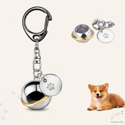 Stainless steel round planet pet urn keychain with paw charm, silver and gold accent