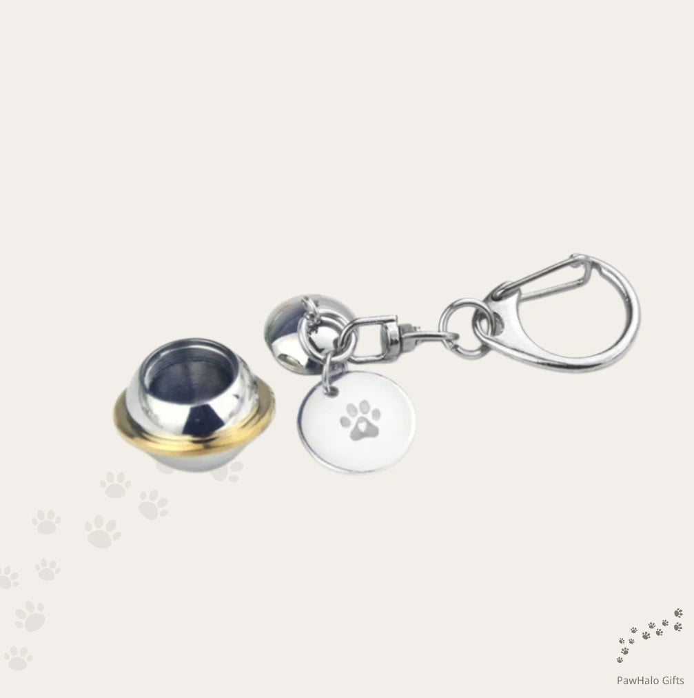 Polished silver orbit planet pet memorial keychain urn hanging with a paw charm.