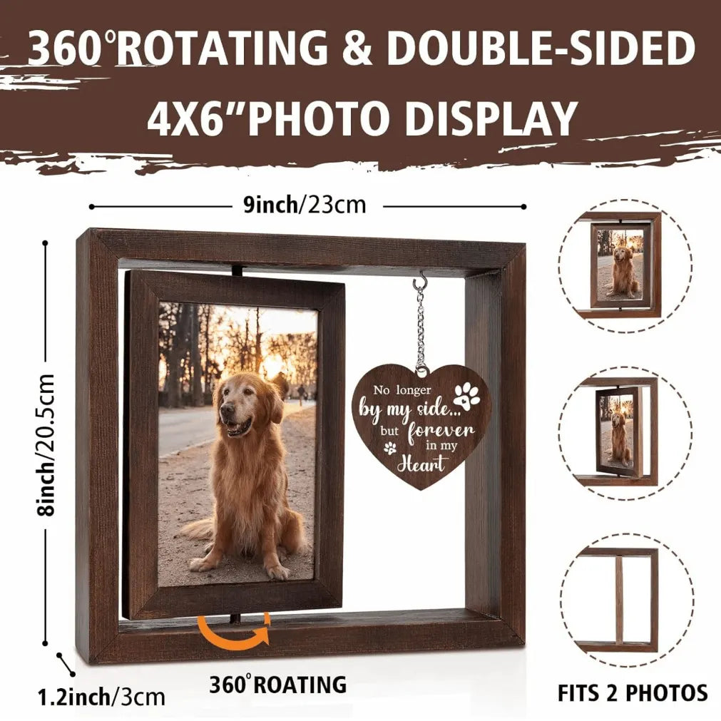 Detailed view of the premium walnut wood texture and sturdy base craftsmanship of the pet memory frame.