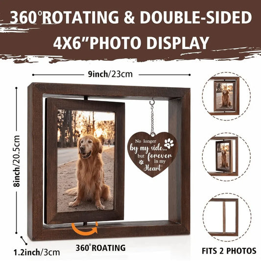 Detailed view of the premium walnut wood texture and sturdy base craftsmanship of the pet memory frame.