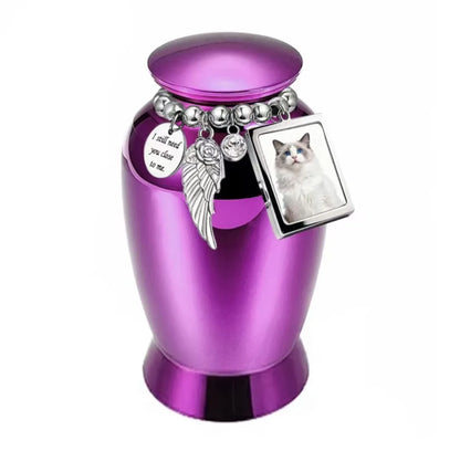 Isolated front view of the light blue personalized pet urn decorated with an emotional poetry medallion and photo frame.