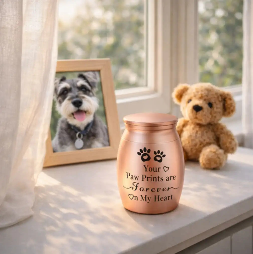 A beautiful rose gold personalized pet urn standing elegantly beside a framed dog portrait and a teddy bear in a warm sunlit room.
