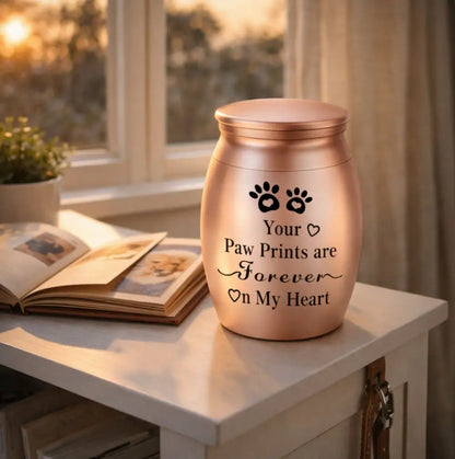 A beautiful rose gold personalized pet urn standing elegantly beside a framed dog portrait and a teddy bear in a warm sunlit room.