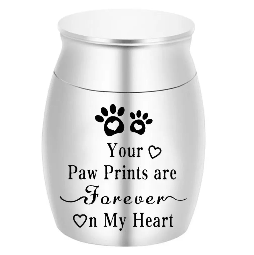 Isolated front view of the silver memorial urns for pets engraved with a heart, paw prints, and forever on my heart text.