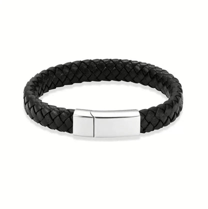 Close-up view of a premium black braided genuine leather pet memorial urn bracelet for ashes featuring a distinctly bold masculine silver stainless steel interlocking clasp.