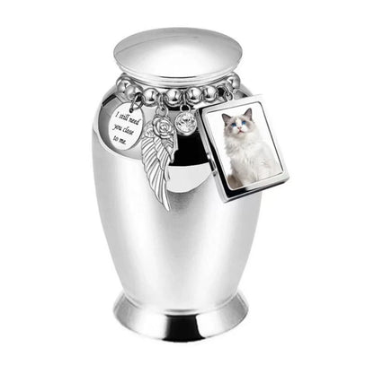 Isolated front view of the light blue personalized pet urn decorated with an emotional poetry medallion and photo frame.
