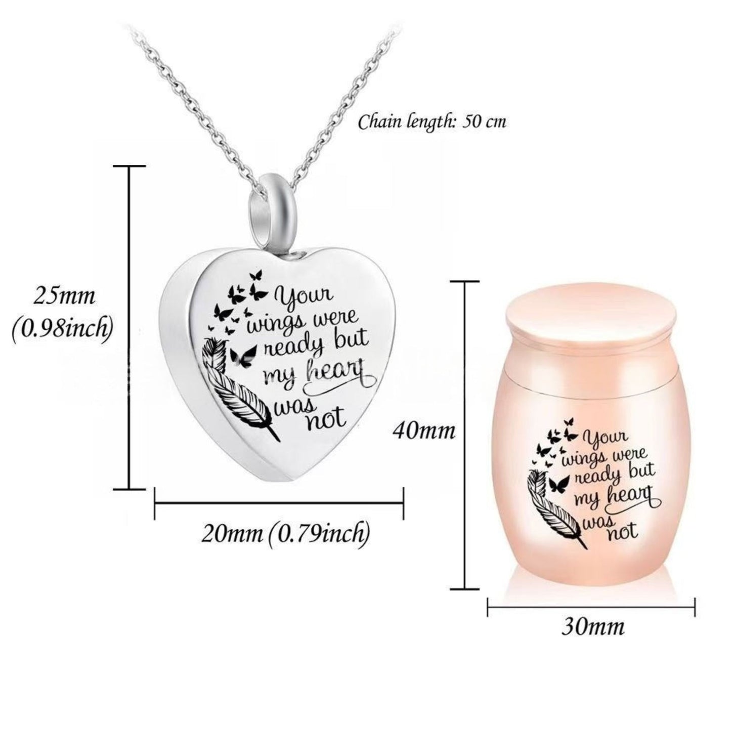 Size chart showing heart urn pendant 25mm tall x 20mm wide with 50cm chain