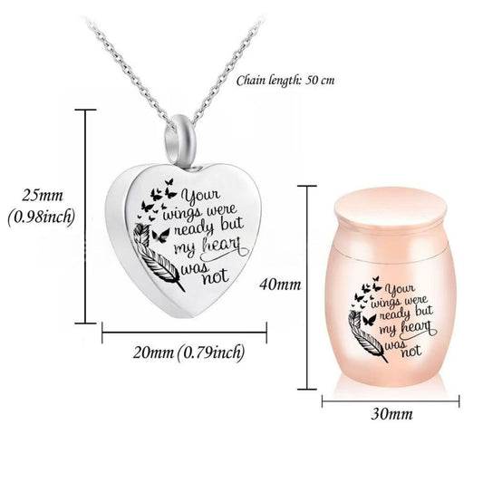 Size chart showing heart urn pendant 25mm tall x 20mm wide with 50cm chain