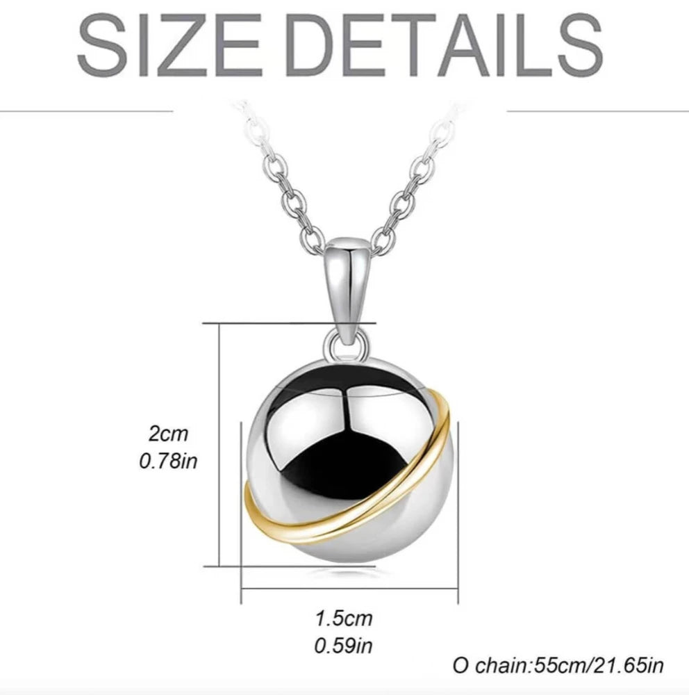 Size specifications of the spherical cremation pendant measuring 0.78 inches by 0.59 inches with a 21.65 inches snake chain.