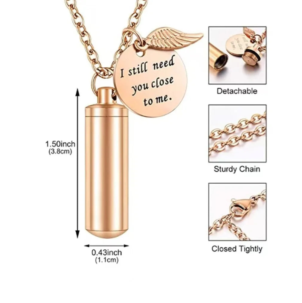Size details chart for the stainless steel pet cremation jewelry for pets ashes showing pendant length and width.