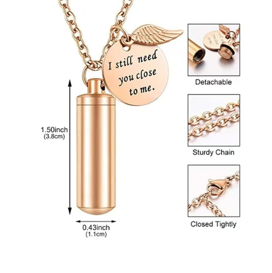 Size details chart for the stainless steel pet cremation jewelry for pets ashes showing pendant length and width.