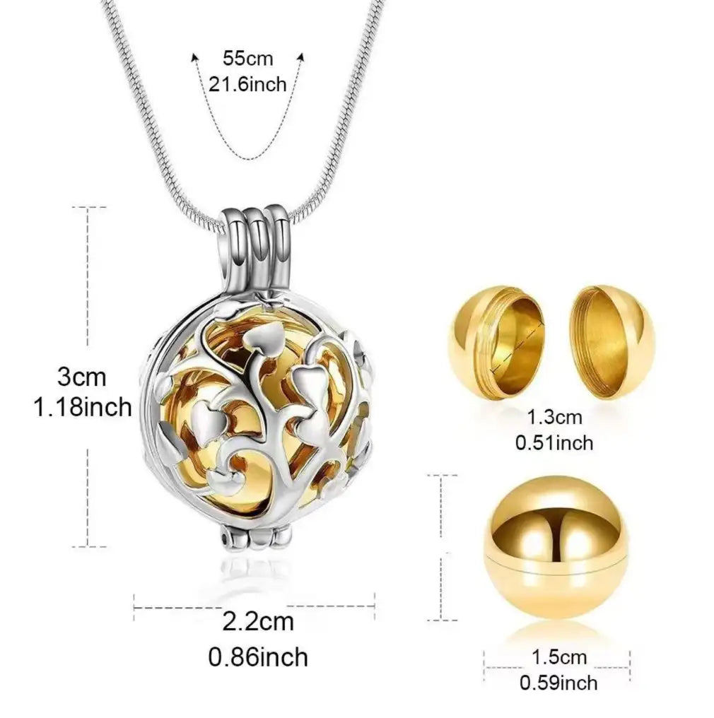 Dimensions chart of the Tree of Life cremation jewelry for pets ashes.