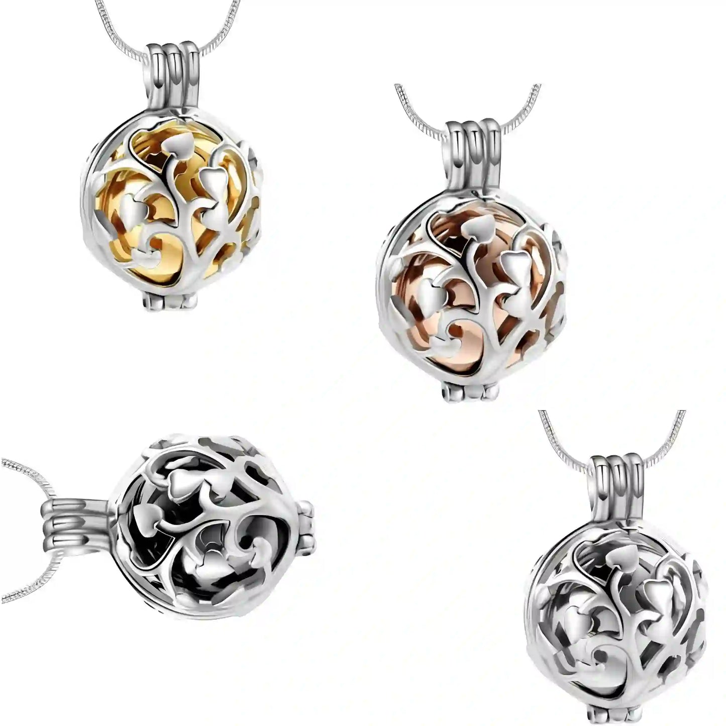 Four color options of the 316L stainless steel Tree of Life pet ashes urn necklace.
