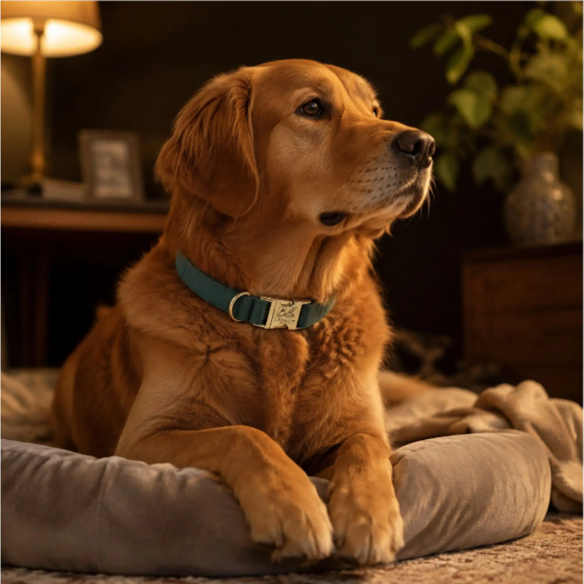 Golden retriever resting indoors while wearing a turquoise velvet dog collar