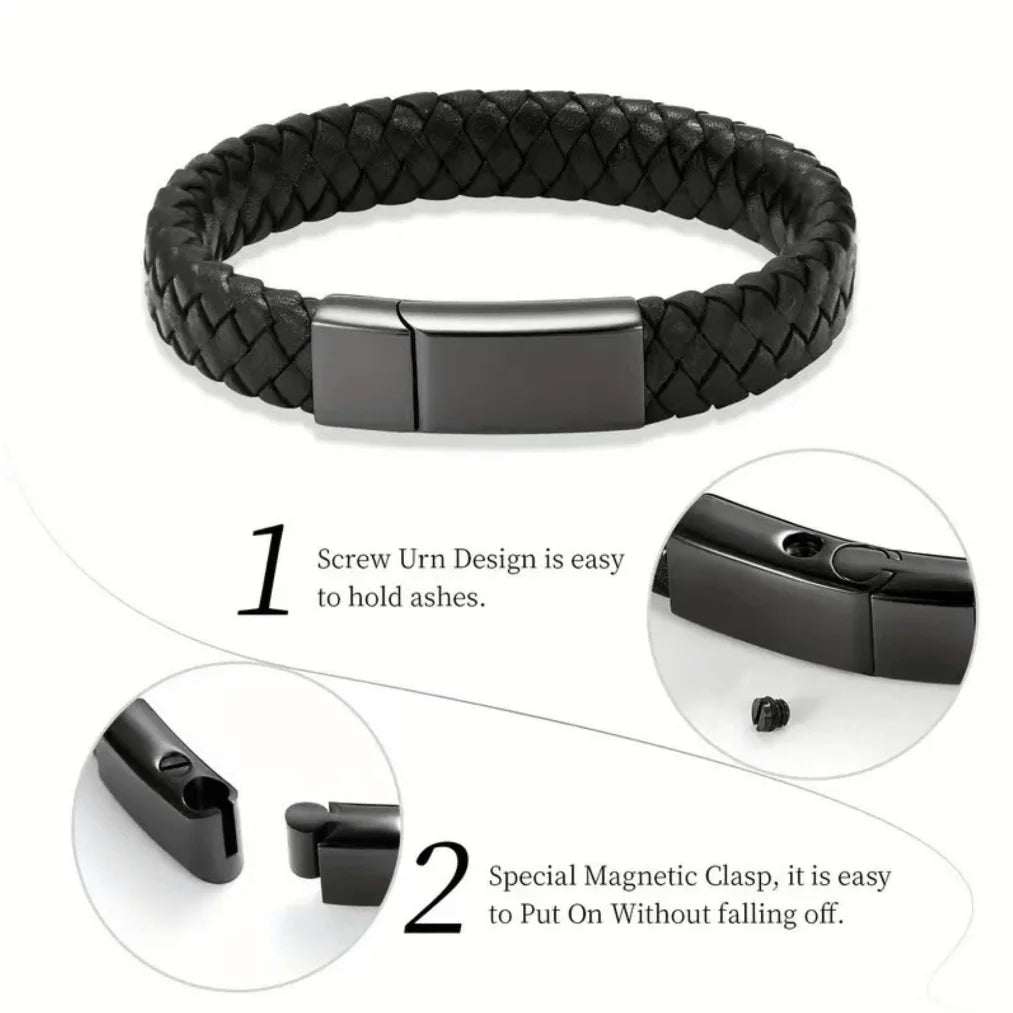 Detailed breakdown of the pet memorial cremation jewelry for guys, highlighting the hidden micro screw urn design for ashes and secure dual magnetic clasp.