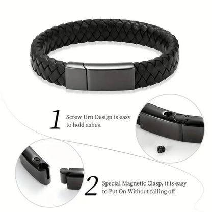Detailed breakdown of the pet memorial cremation jewelry for guys, highlighting the hidden micro screw urn design for ashes and secure dual magnetic clasp.