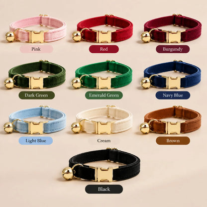 Ten velvet cat collar colors with gold-tone buckles and matching bells