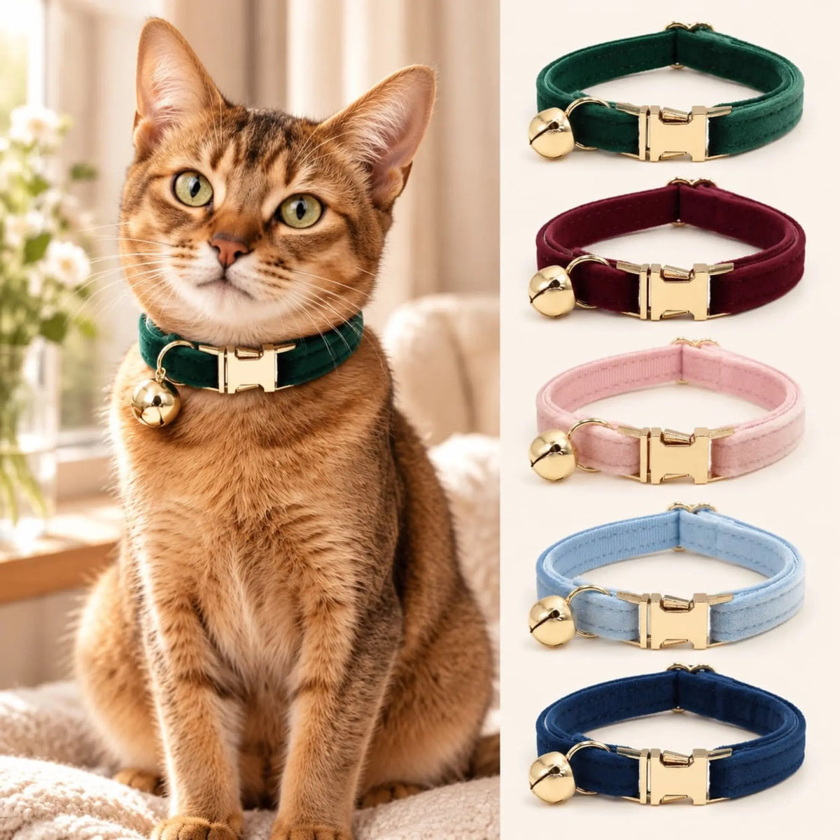 Cat wearing a green velvet collar with bell beside green, burgundy, pink, and light blue collars