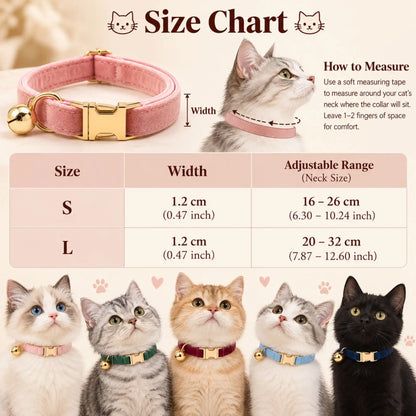 Velvet cat collar size chart showing adjustable lengths, width, and weights for sizes S and L