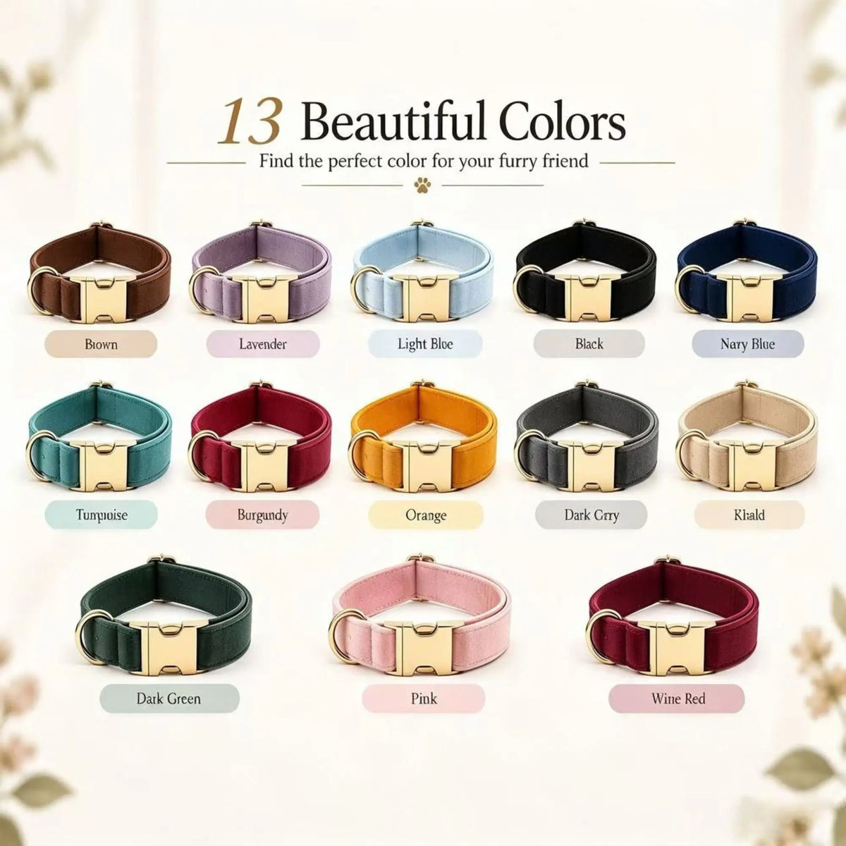 13 velvet dog collar colors with gold-tone metal buckles