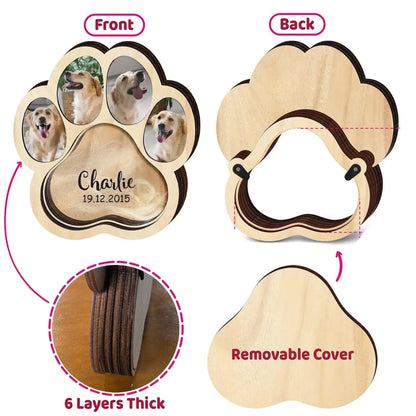 Wood and acrylic construction of a personalized pet keepsake photo frame