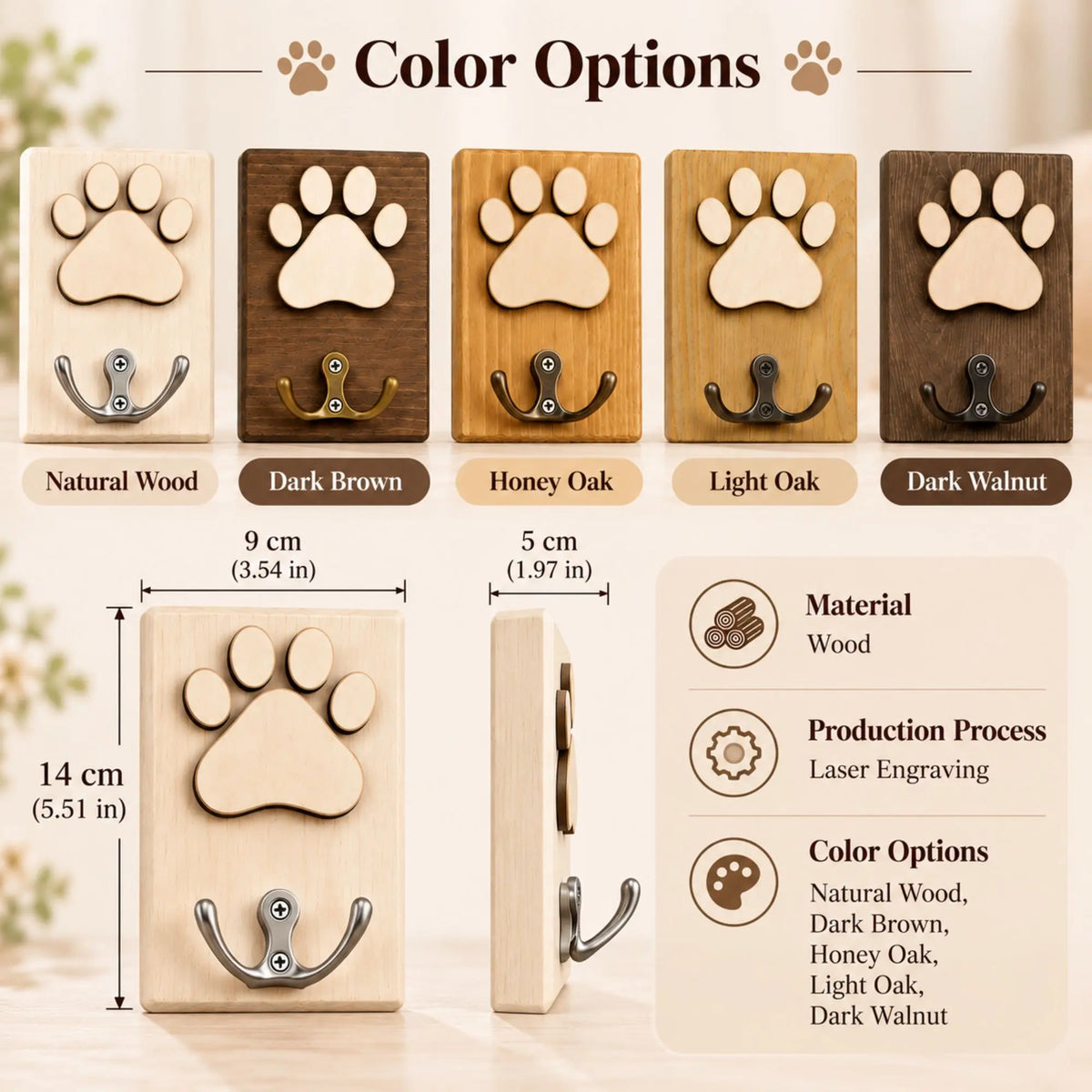 Five wooden dog leash holder finishes with a size guide showing height, width, and overall depth