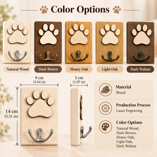 Five wooden dog leash holder finishes with a size guide showing height, width, and overall depth