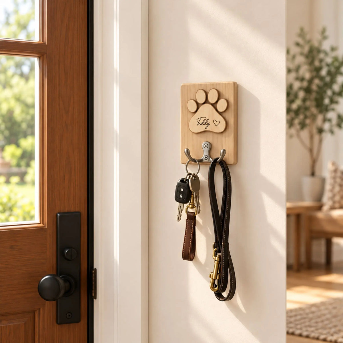 Personalized wooden paw-print holder storing keys and a dog leash beside the front door