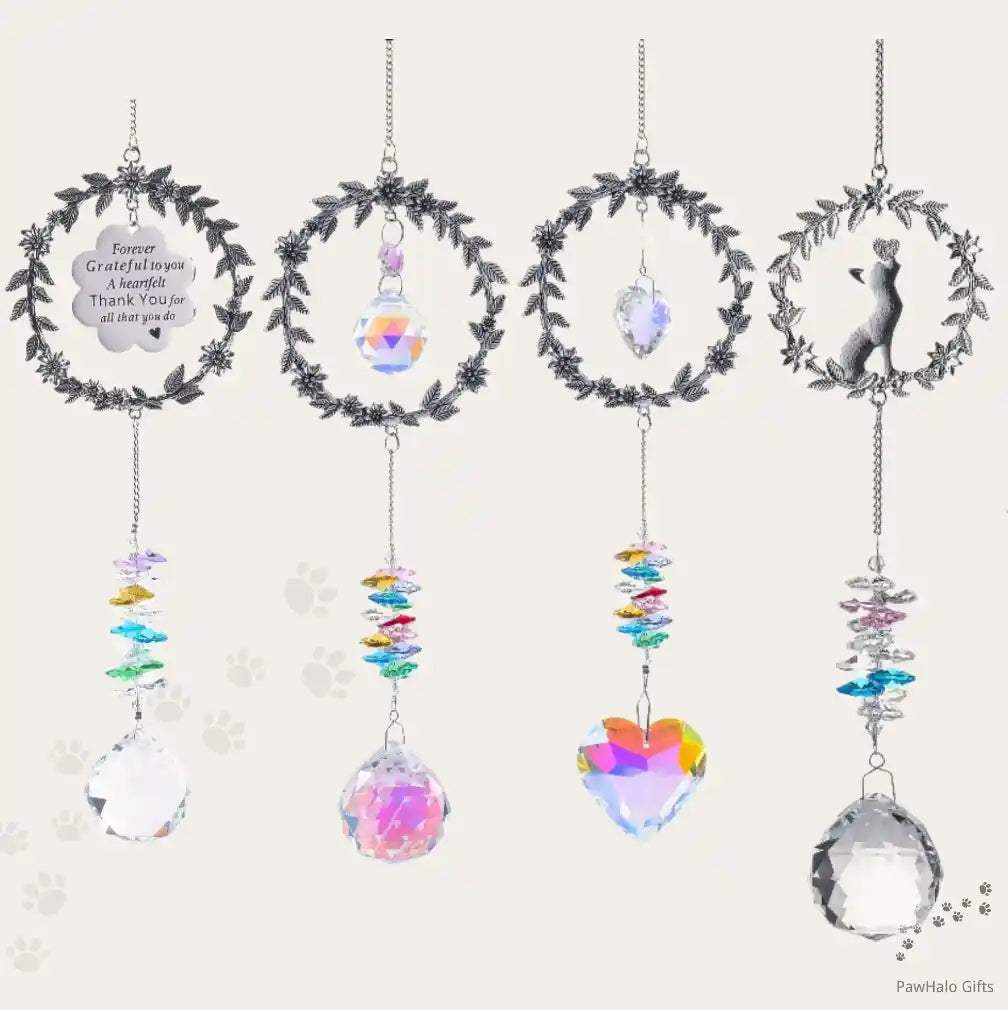 Four style variants of the wreath pet memorial crystal suncatcher including cat silhouette.