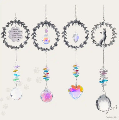 Four style variants of the wreath pet memorial crystal suncatcher including cat silhouette.